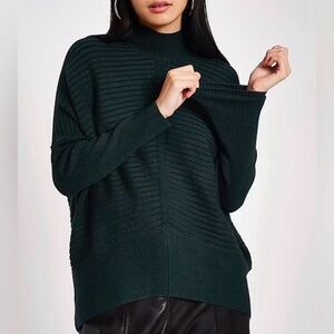 River Island Dark Green Ribbed Knit Mock Neck Sweater Dolman Sleeves